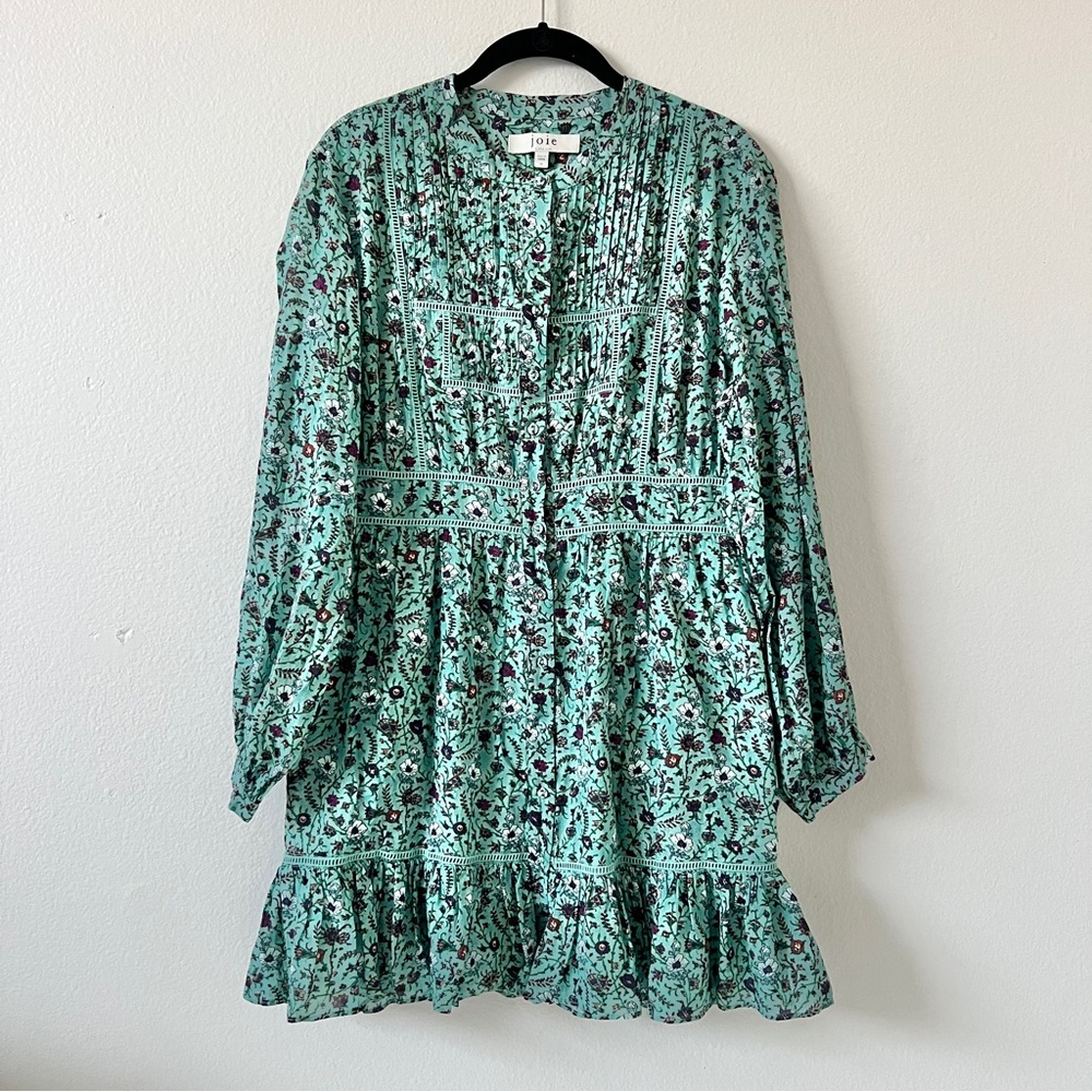 Joie | Charmesse Floral Cotton Mini Dress Teal Long Sleeve Boho - Size 10 - Picture 4 of 8
